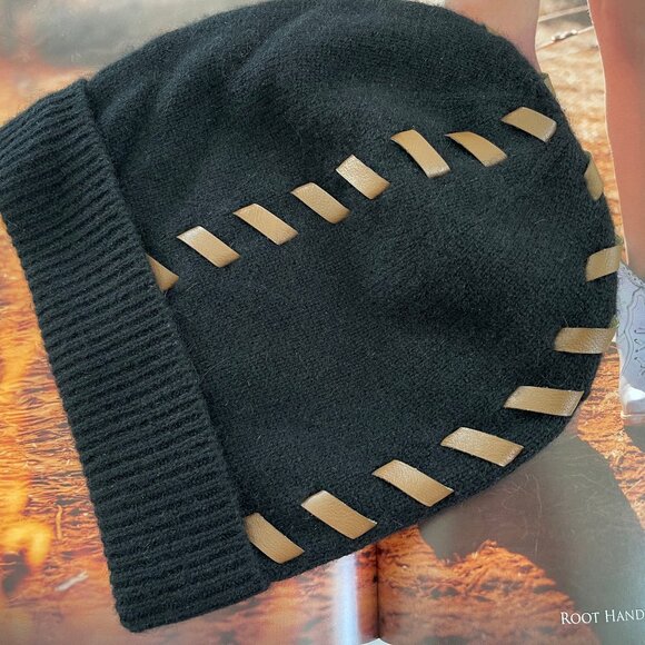 HANNAH ROSE Black Cashmere Whip Stitch Hat with Brown Faux Leather Detail: NWT!! main image 5